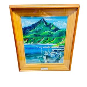 Y12023 風景画 利尻島 鴛泊港 北海道 絵画 油彩画 額装 自然 漁港