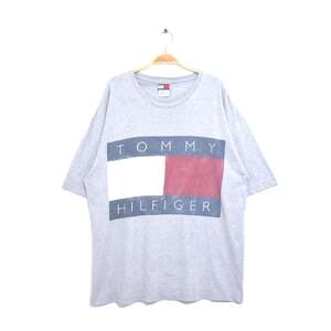 【送料無料】90s トミーヒルフィガー USA製 ロゴプリント Tシャツ 霜降りグレー オールド TOMMY HILFIGER サイズXL 古着 @BZ0243