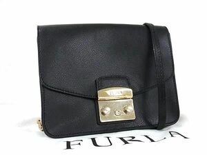 1円 ■美品■ FURLA フルラ メトロポリス レザー プッシュロック チェーン ショルダーバッグ クロスボディ 斜め掛け ブラック系 FD8387