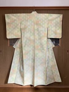 正絹　紬　袷着物　イエロー系　麻の葉文　しつけ糸付き未着用品