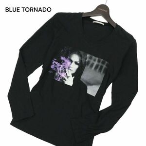 BLUE TORNADO トルネードマート 通年 バック ロゴ ガール プリント★ Vネック 長袖 カットソー ロンTシャツ Sz.M　メンズ 黒　C4T03724_4#F