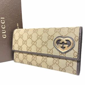 グッチ GUCCI 長財布 折り財布 ラブリーハート インターロッキング GGキャンバス GG柄 レザー 革 本革 ブラウン レディース メンズ