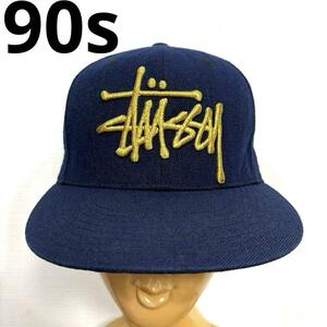 入手困難 希少 美品 90s 韓国製 OLD STUSSY デカロゴ刺繍 紺 ネイビー キャップ ビンテージ オールド ステューシー 古着 帽子 y2k 90年代