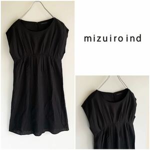 美品 mizuiro-ind ミズイロインド フレンチスリーブ リネンコットンワンピース ブラック / FREE 日本製 トップス 春夏