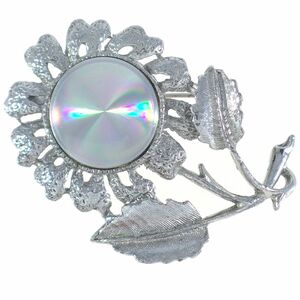 A8396◆【JEWELARAMA】◆ フラワーモチーフ * ホログラフィー的輝きのストーン 銀色の花 ◆ ヴィンテージブローチ ◆