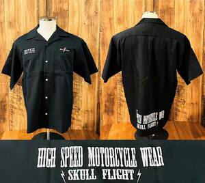 【SKULL FLIGHT】Mサイズ　ブラック　半袖オープンカラーシャツ　ワークシャツ　スカルフライト　ランブル
