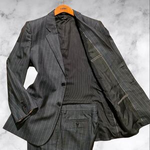 定価50万!!!超弩級4XL!!!【ジョルジオアルマーニ GIORGIO ARMANI】極上光沢◎贅の極!!!黒タグ ストライプ セットアップ スーツ グレー 56