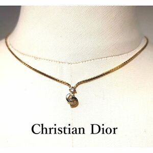 【良品】Christian Dior CD クリスチャンディオール CDモチーフ 立て爪 ラインストーン ネックレス ヴィンテージ ゴールド 鑑定済 送料無料