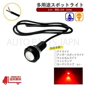 スポットライト レッド 12V 超小型 丸型 LED 18mm 赤 防水仕様 ブラックボディ 1個 カーテシランプ デイライト フットランプ 送込