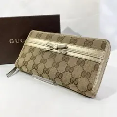 箱付き GUCCI グッチ 長財布 GGキャンバス ラウンドファスナー リボン