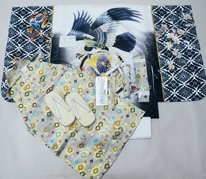 七五三 五歳 男児 羽織袴フルセット 着物 L寸 金刺繍 豪華絢爛 綸子地 白地×黒 鷹 袴変更可能 祝着 新品（株）安田屋 NO38716