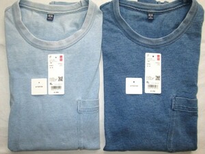 ★古着 2022年 UNIQLO ユニクロ インディゴクルーネックTシャツ（半袖）62.BLUE 65.BLUE XL ウォッシュ加工 オーバーサイズシルエット★