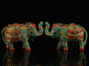  ▽鴻▽15世紀・古銅塗金彫・象嵌宝石彩絵大象置物一対 時代物 中国古美術 骨董品
