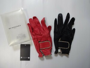 新品未使用 正規品 バーバリー ゴルフ BURBERRY GOLF　甲にノバチェック縁どり　 2枚セット グローブ　黒 朱色　１９ｃｍ　ゴルフ手袋 