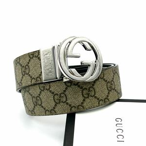 未使用級◆GUCCI グッチ ベルト インターロッキング GGスプリーム シルバーロゴ ビジネス レザー 本革 ブラック メンズ 85-34