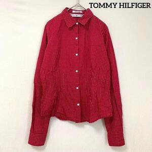 美品【TOMMY HILFIGER】トミーヒルフィガー長袖シャツ 薄手 XL相当 赤 チェック柄 きれいめ