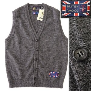 新品 1.5万 gim ジム シェットランド ウール ニット ベスト M 灰 【I46688】 日本製 秋冬 British Wool ジレ Vネック 前開き