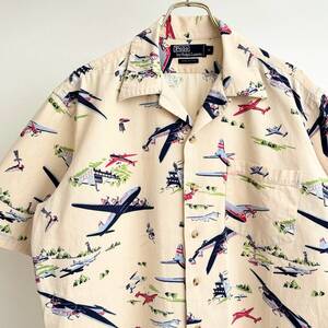 希少《 Rare/ Ralph Lauren 》90s 美品【 Ralph Lauren 飛行機柄 地厚 コットン 開襟シャツ M ビンテージ 】