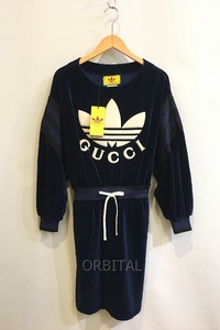 二子玉)GUCCI×adidas グッチ×アディダス 22-23FW 未使用 ベロアロゴワンピース 695679 コットン 紺 レディース XS コラボ 正規