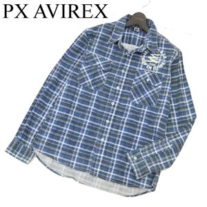 PX AVIREX アヴィレックス 通年 長袖 プリント★ チェック ワーク シャツ Sz.L　メンズ 青 ネイビー　C4T00151_1#C