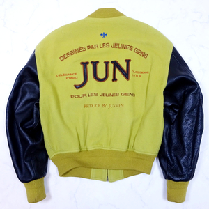 JUN MEN ジュンメン バックビッグロゴ 袖革スタジャン マスタード x ブラック Mサイズ LeatherStadiumJumper