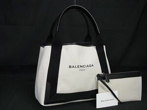 1円 ■極美品■ BALENCIAGA バレンシアガ 339933 ネイビーカバスS キャンバス ポーチ付き トート ハンドバッグ アイボリー系 AY6920