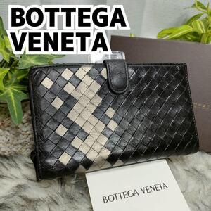 極希少 ボッテガヴェネタ 二つ折り財布 ブラック アイボリー レザー BOTTEGA VENETA 折り財布 黒 革 メンズ 財布 男性 レザーウォレット