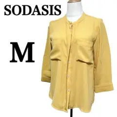 『SODASIS』七分袖比翼ボタンノーカラーデザインブラウス (M) イエロー