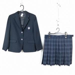 1円 ブレザー チェックスカート 上下2点セット 大きいサイズ トンボ 冬物 女子 学生服 東京八洲学園高校 紺 制服 中古 ランクB EY8147