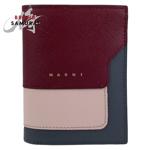 美品 MARNI マルニ バイフォールド レッド ピンク ブルー ゴールド金具 レザー 折財布 コンパクトウォレット レディース 407428