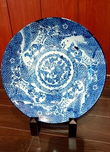 （875）型紙印判ベロ藍花文皿 骨董品 アンティーク 骨董