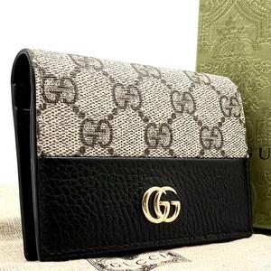 《未使用級》現行 GUCCI グッチ GGマーモント 二つ折り財布 ミニウォレット 箱付 レザー キャンバス ブラック GG柄