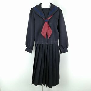 1円 セーラー服 スカート スカーフ 上下3点セット 大きいサイズ 冬物 青3本線 女子 学生服 中学 高校 紺 制服 中古 ランクC NA8311