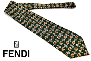 N-556★送料無料★FENDI cravatte フェンディ★正規品 イタリア製 パターン柄 グリーン緑色 シルクネクタイ