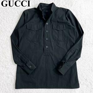 １円【美品】GUCCI グッチ トムフォード期 ミリタリーシャツ ジャケット 長袖シャツ ノーカラー 黒 綿 サイズ 38/15(M) メンズ レディース