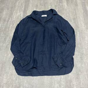 【100円スタート】プレミアムリネンスキッパーシャツ ユニクロ UNIQLO リネン100% ネイビー トップス レディース S