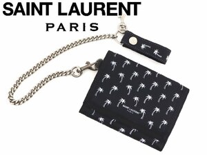 7万新品◆SAINT LAURENT 黒白 パームツリープリント ウォレットチェーン付きマジックテープベルクロ仕様 3つ折り財布【サンローラン】1円