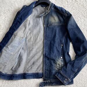 【美品】ディーゼル DIESEL デニム ライダース ジャケット L-XLサイズ位 ダメージ/ウォッシュ加工 ジップ インディゴ コットン メンズ