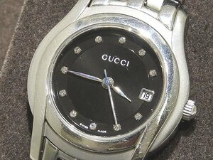 GUCCI グッチ レディース クォーツ 時計 ☆ 5500L 11Pダイヤモンド 黒文字盤 デイト シルバーSS ▼ ヨサト00/6E