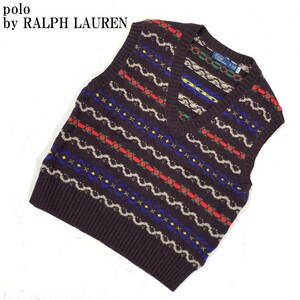 LA4374 ポロバイラルフローレン 総柄 ニットベスト polo by RALPH LAUREN リブニット Vネックブラウン XS