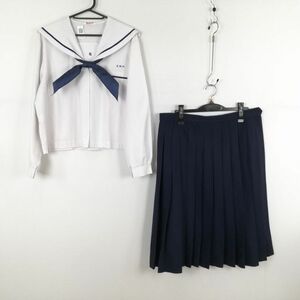 1円 セーラー服 スカート スカーフ 上下3点セット 大きいサイズ 特大 中間服 青1本線 女子 学生服 宮崎三財中学 白 中古 ランクC NA7648