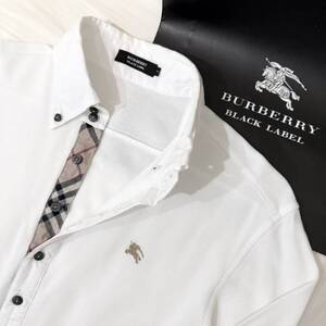 美品 BURBERRY BLACK LABEL バーバリーブラックレーベル BD長袖ポロシャツ 前立ノバチェック ホース刺繍 白 2(M) 日本製 #2892