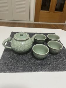 中国美術 耀州窯急須 茶道 茶器 釉下彫花 5点セット