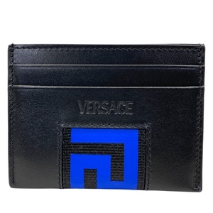 【新品】VERSACE ヴェルサーチ カードケース パスケース 名刺入れ コンパクト ロゴ レザー ブラック ブルー