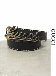 HGD-X204/美品 GUCCI レザーベルト バックル ロゴ金具 黒 イタリア製 181830 497717 85 34