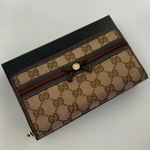 H1581 【ほぼ極美品】GUCCI グッチ 257003 シェリーライン GG柄 GGキャンバス リボン ラウンドファスナー 長財布 ウォレット ブラウン系 