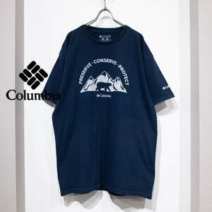 L / Columbia コロンビア コットン 半袖 Tシャツ 前面 メッセージ グラフィック プリント ネイビー アウトドア 古着 フェス メンズ ベアー