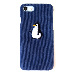 SALE ペンギン 刺繍 コーデュロイ iPhone ケース ネイビー iPhoneX iPhoneXR iPhone11Pro 各サイズあり