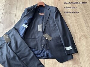 新品サンプル コムサメン【CERRUTI/TRAVEL】シャドーストライプ 3ピーススーツ セットアップ 09ネイビー Mサイズ 02GE02 定価155,100円