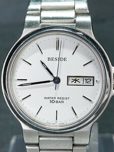 超美品 CASIO カシオ BESIDE ビサイド BES-100 アナログ クォーツ 腕時計 ホワイト文字盤 デイデイトカレンダー メタルベルト 電池交換済み